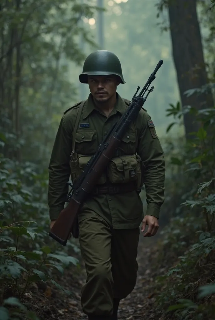 Leonardo DiCaprio, dressed in a soldier’s uniform and helmet, trudged silently through the dense jungle. His rifle was slung over his shoulder, his eyes scanning the surroundings, alert for any signs of movement. The air was thick with humidity, the faint ...