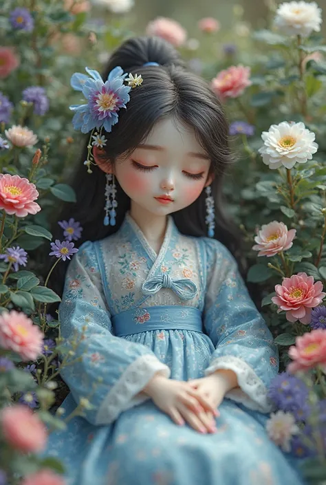 Young woman in vintage Chinese blue and white dress lying in flower garden, photo of Chibi