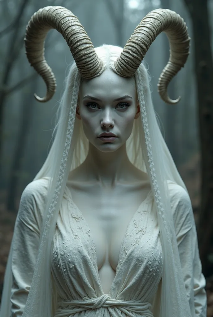 Frontal view seductive, but a terrifying demon goddess ,white-skinned , so that you can see the full horns on your head