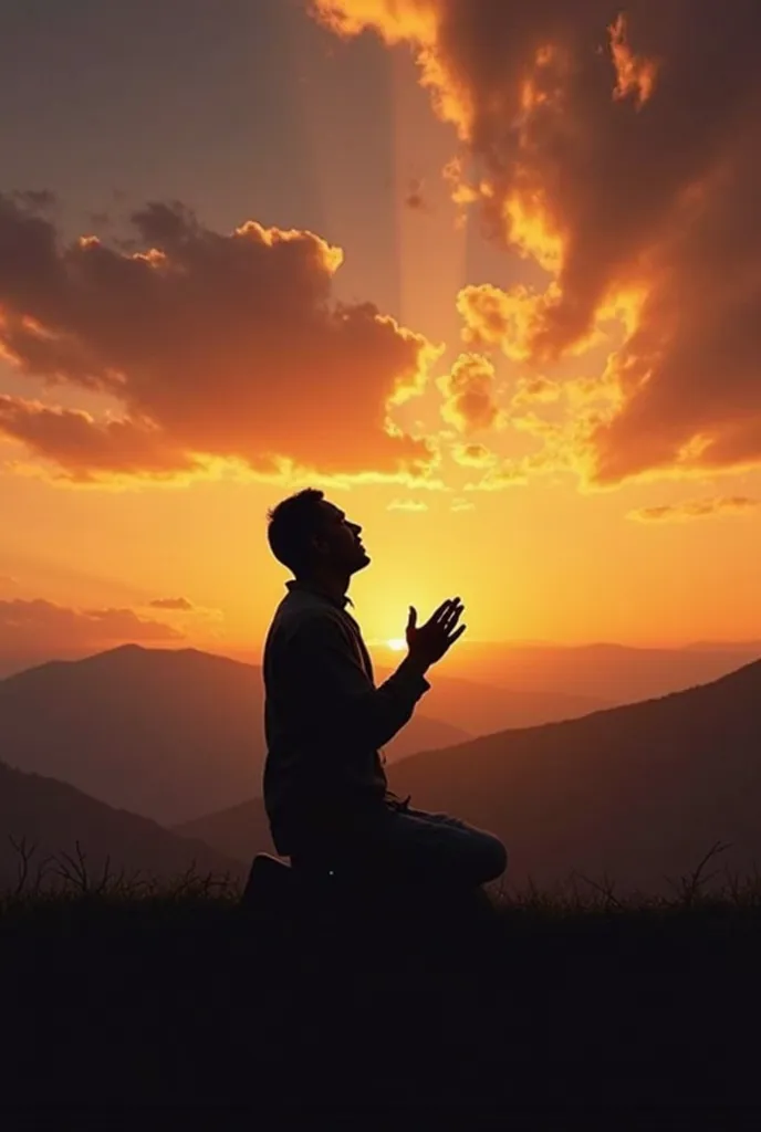 "Silhouette of a man kneeling in prayer before a dramatic sky at sunset, with clouds in shades of orange, yellow and purple. The mountains in the background are lightly illuminated, creating a striking contrast between the dark figure and the vibrant sky. ...