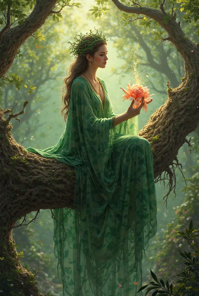 Alusia Goddess of the Nature sitting on a very old tree with her green clothes and a crown of roots, creating a new creature from a flower