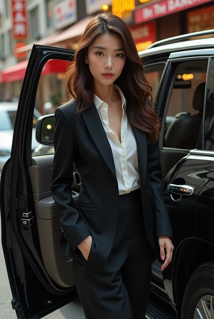 Beautiful elegant girl getting out of prado jeep in black blazer over white shirts with background restaurant 