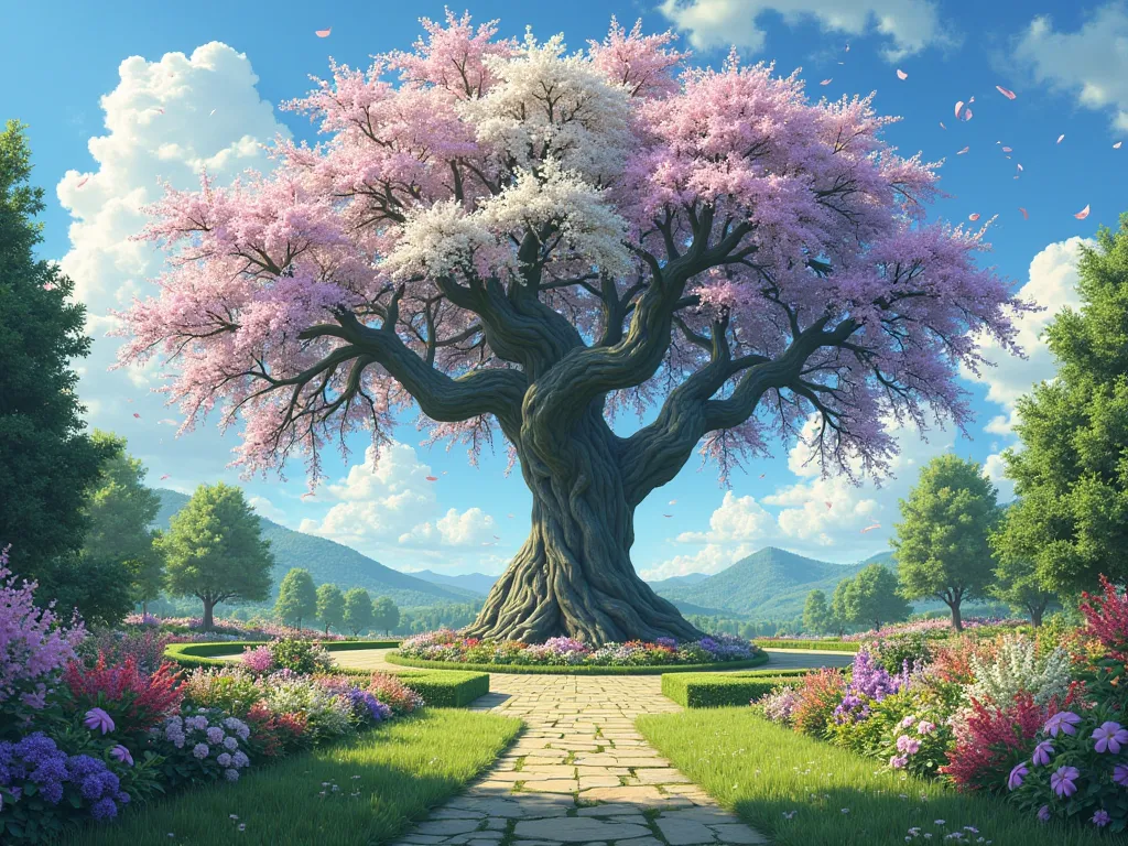 Create a beautiful large, flowery tree in the middle of a beautiful garden on a spring day