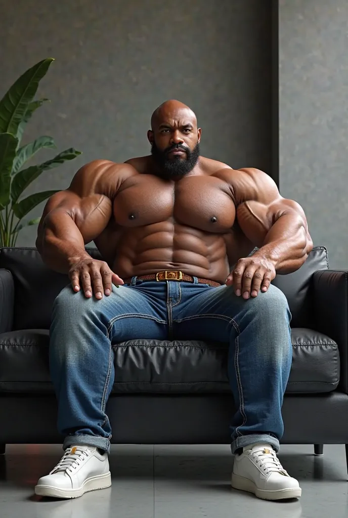 Bulky bodybuilder Black men wear  blue denim long pent brown belth along with white casual shoes and seat on black sofa