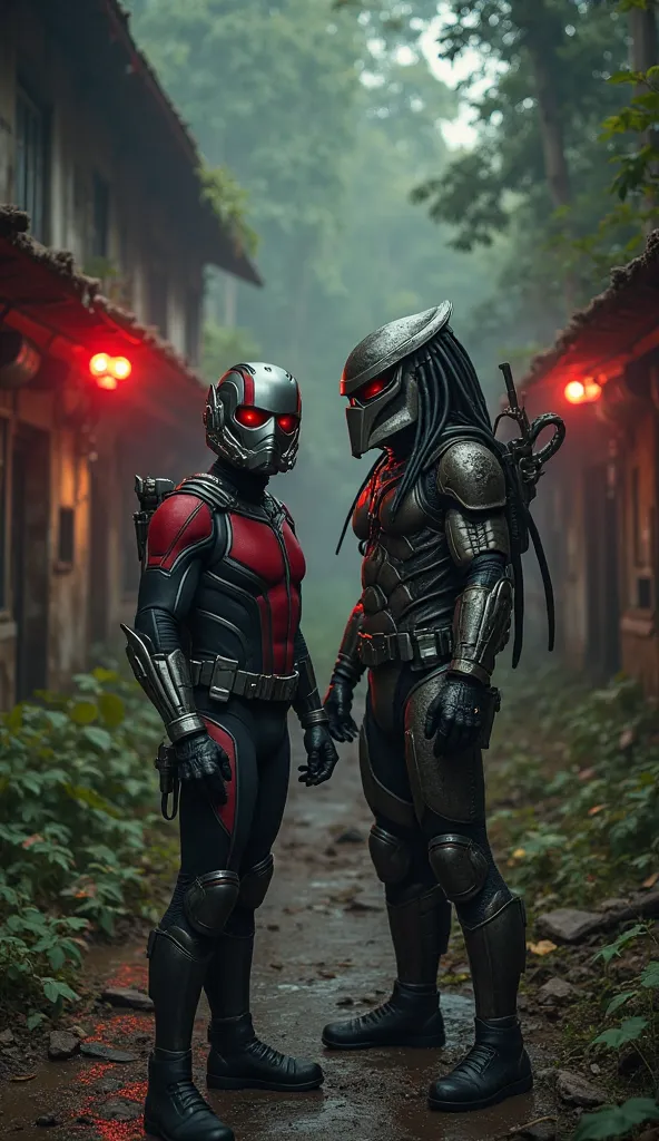 Amidst the eerie wreckage of an abandoned jungle outpost, dimly lit by flickering red emergency lights, Ant-Man and the Predator stand side by side in an unexpected moment of peace. The air is thick with humidity, the distant chirping of unseen creatures e...