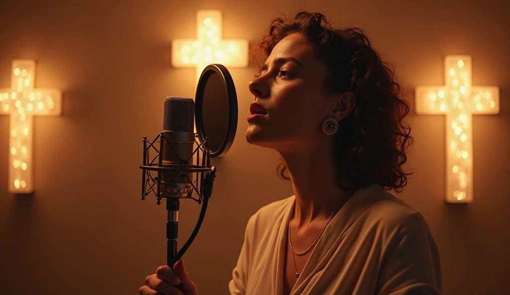 close up A potrays a woman standing calm singing behind mic in the middle of a modern studio, with illuminated crosses on the walls behind her, high detail, cinematic lighting, warm ambiance, realism, 4k resolution, masterful composition.
