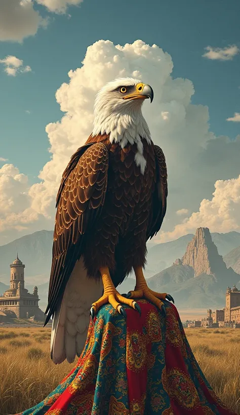 Create an impactful image of an African eagle with sharp, details on a background that mixes natural landscapes and Nigerian cultural elements,  symbolizing power and vision .