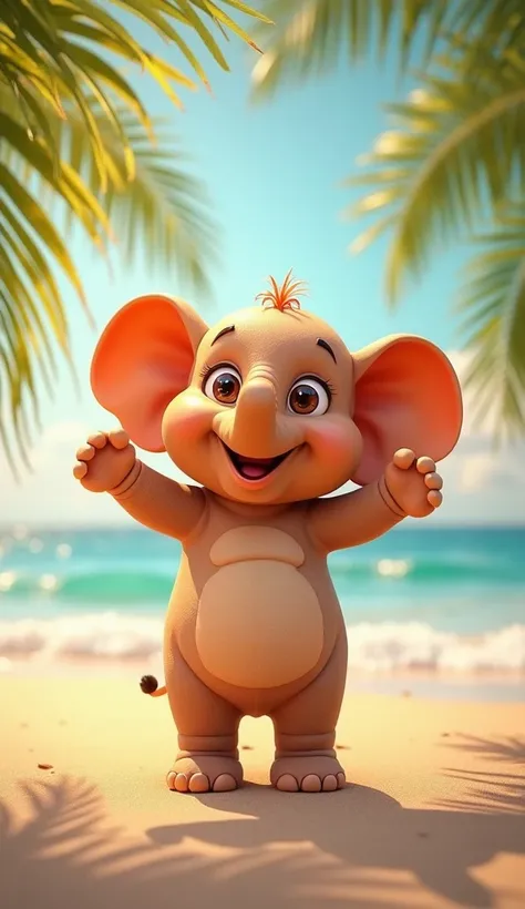 Cute elephant, cartoon 3D, arms raised, cheerful eyes, looking at viewer, standing, made of sunset hues, tropical beach background, palm leaves falling, 4k, detailed texture, warm.