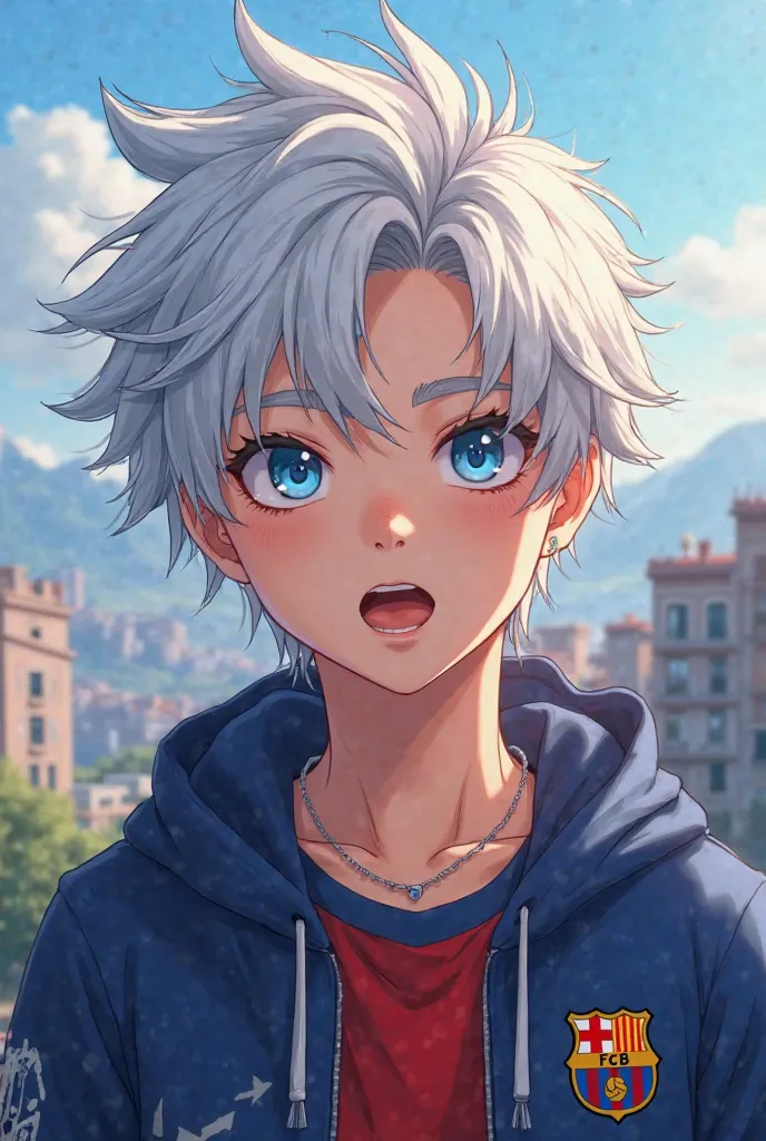 An 18-year-old boy with beautiful white hair and blue eyes wears Barcelona and encourages Barcelona Anime,anime character, accurate face ,feature details,excited facial expression,centered body position,5 additional reasonable details,High quality sweat,Su...