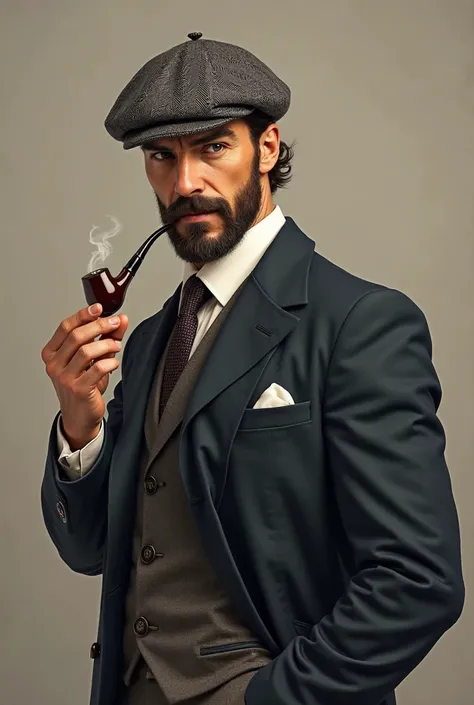 Handsome man in his 40s, Beard and mustache, get rid of a toned body, with herringbone beret, looking at the spectator, dressed in a, Smoking a pipe Sherlock Holmes style