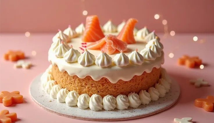 Create an elegant photo of a luxury cat birthday cake made with fresh tuna and salmon, topped with a creamy, pet-safe frosting. The cake is adorned with small edible paw prints and surrounded by soft, bright colors that give the cake a sophisticated and pr...