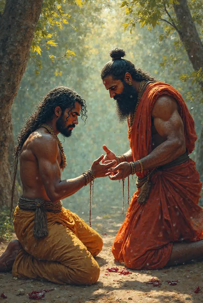 Ekalavya is cutting his thumb as a gesture of respect and sacrifice. Show cutting thumb and giving to his guru dronacharya