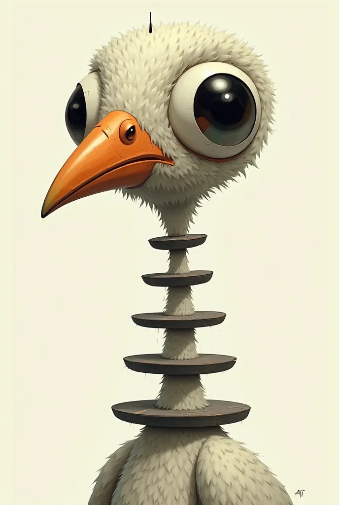  a stylized drawing of a bird with a large circular eye, a small beak that is colored in orange, and a ladder-like neck or body. 