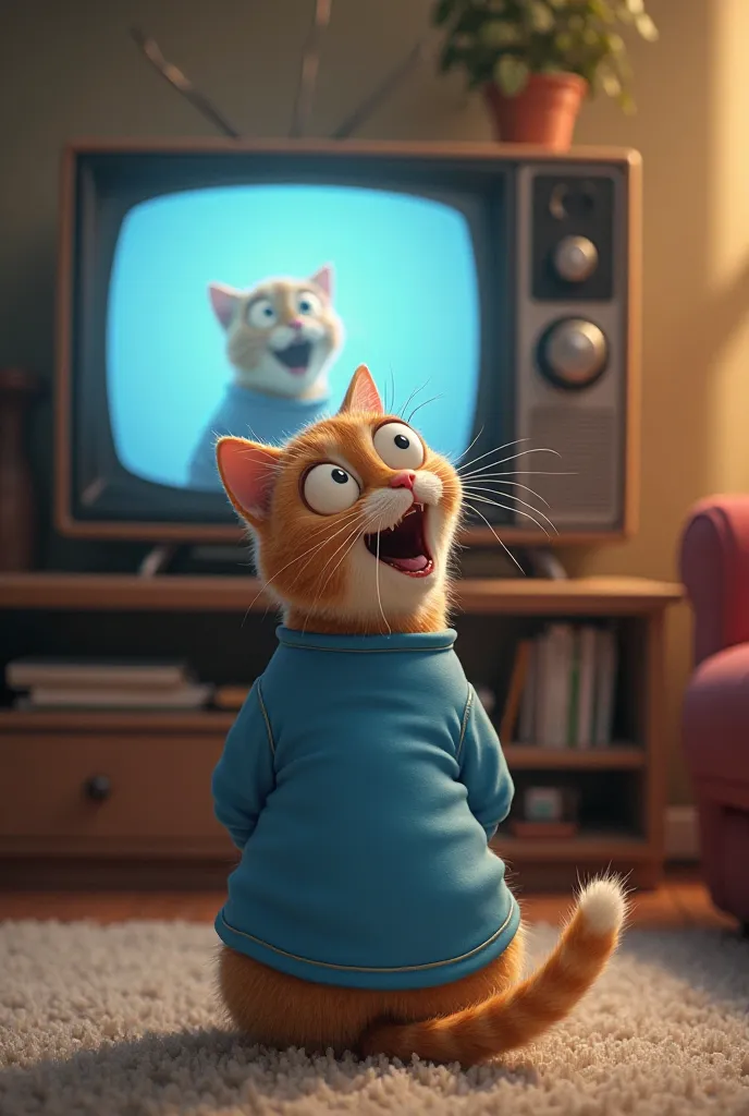 Give me a picture of a cat wearing a blue shirt watching TV with a surprised face because the TV shows a picture of his grandmother turned into a rombi.