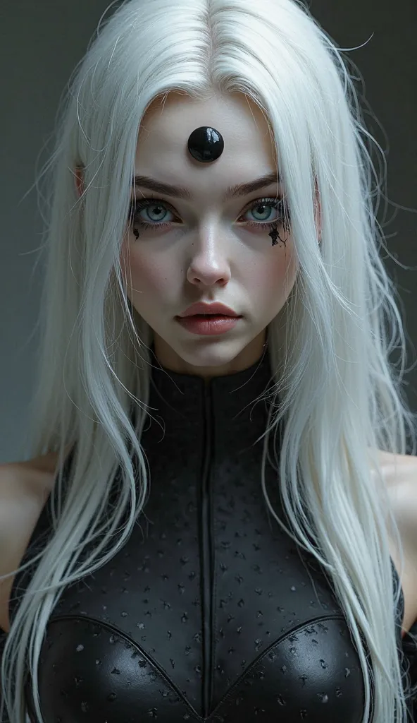 White hair, the inner part of her hair is black woman right iris is black and left iris is white, 195cm, muscular lean body, small black circular mark on forehead