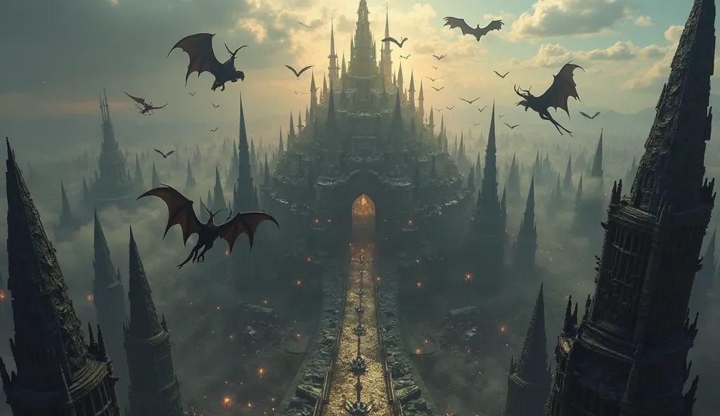 A bird view of a grand demon kingdom with towering black spires, dark stone structures. A colossal fortress stands at the center, blending darkness with gold, while winged demons soar above, ruling over the otherworldly realm.