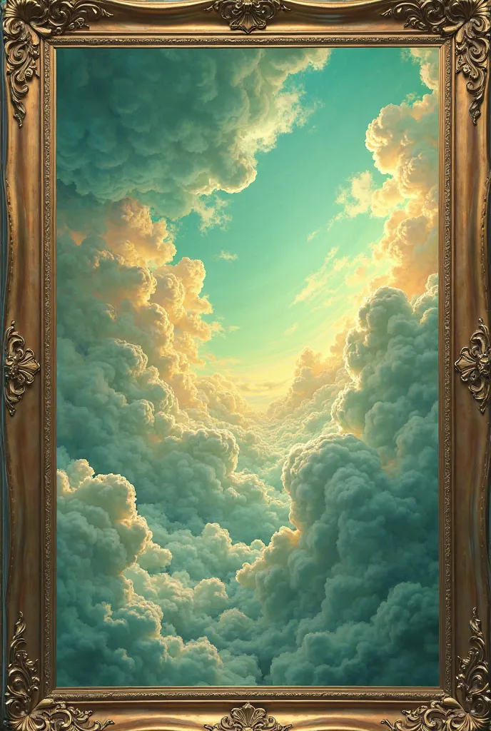 
 3D green and gold color cloudy background. gold frame around the image