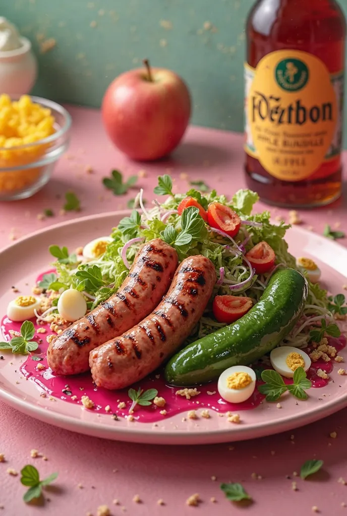 Create an image of sausages with salad and pink sauce and a green one, sausages and quail eggs and a carbonated Postobon apple 