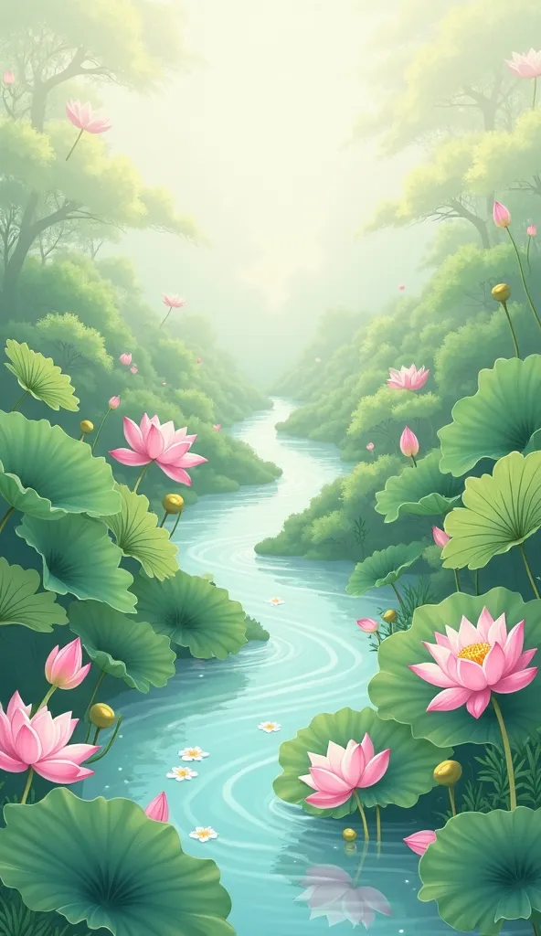 Delicate animation illustration of liver purification, as a clear stream flows through blooming lotus flowers. Light green as the dominant