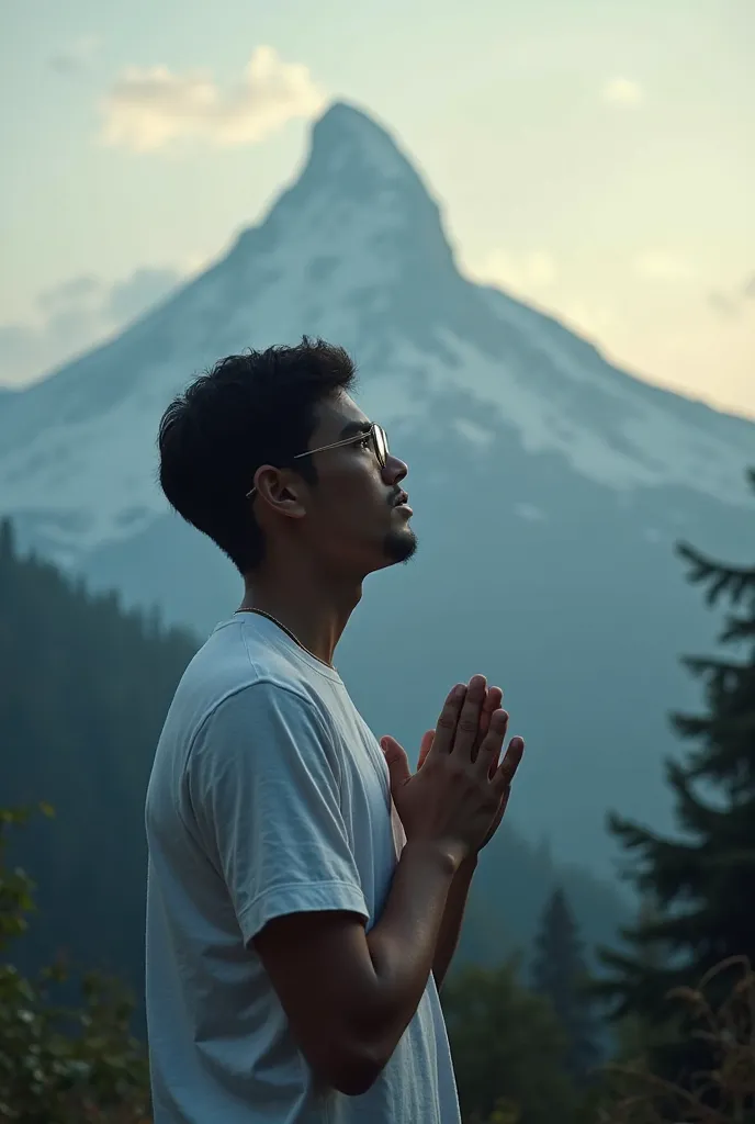 A young man is looking at a mountain. He is looking at it with his hands together. He is wearing a white t-shirt and glasses. The background is slightly dark.