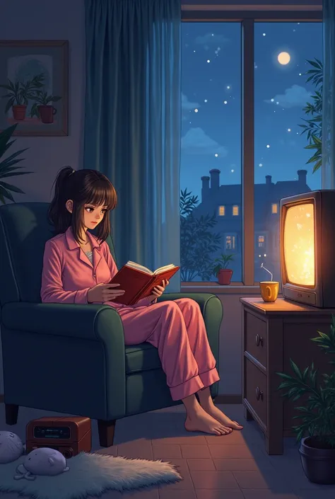 anime. nights. A is reading a book,  is inside the house,  is sitting in the chair and reading a book,  wears pajamas,  left the cherished coffee on the table. music, Radio playing. Hot coffee . Light inside the house,  light shine. The friend is sitting w...