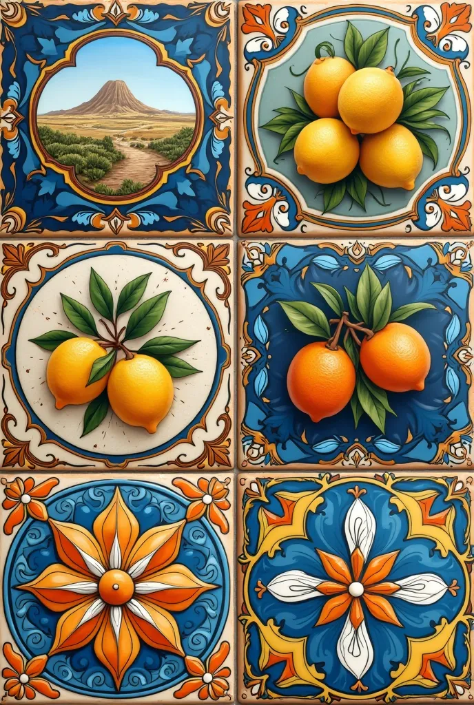 A beautifully detailed Majolica tile illustration inspired by traditional Italian ceramic art. The design features symmetrical, ornate patterns with a Mediterranean aesthetic. Rich, vibrant colors like deep blue, bright yellow, warm orange, and white domin...