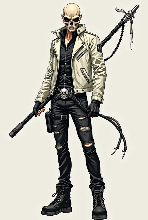 A super hero
intimidating yet protective
Hero costume: off white leather jacket, black ripped jeans, combat boots, belt with a silver skull shaped buckle
Holding a spine like a whip
No skin or muscle on his head, it’s simply a bare skull
(Seinen anime styl...