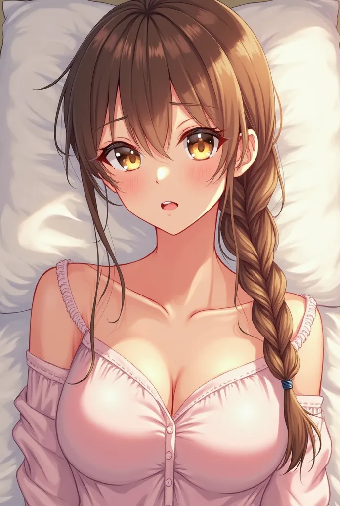 (anime) Long brown haired woman, with her hair tied in a long braid, brown eyes, big breasts in pajamas
