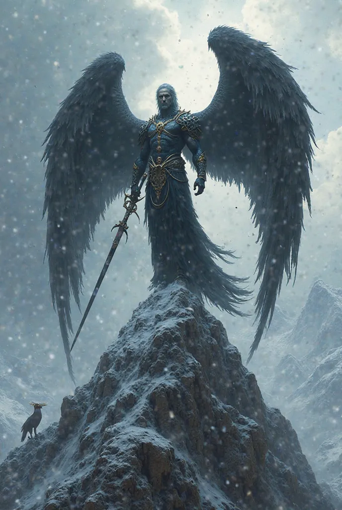 God of sinners, standing on the top of the mountain with his four dark large wings, holding a long silver and gold sword, with a griffin in his side