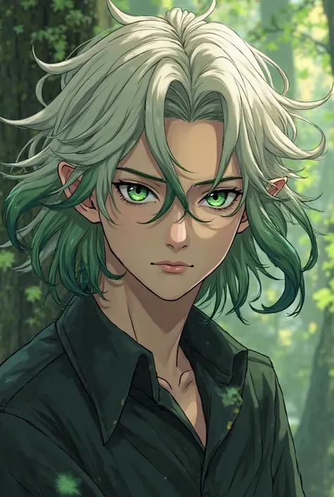 (anime style poster.)) 

A young man (( attractive)) ((Dominant-looking)) ((Serious)) with dark green eyes and albino hair with dark green locks of hair ((that represents a being from nature or the forest)) ((style poster May it be a mythological being of ...