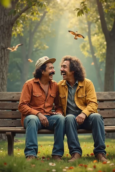 Cheech and Chong sitting on a bench laughing together