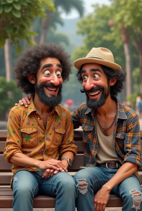 Cheech and Chong sitting on a bench laughing together in their movie outfits