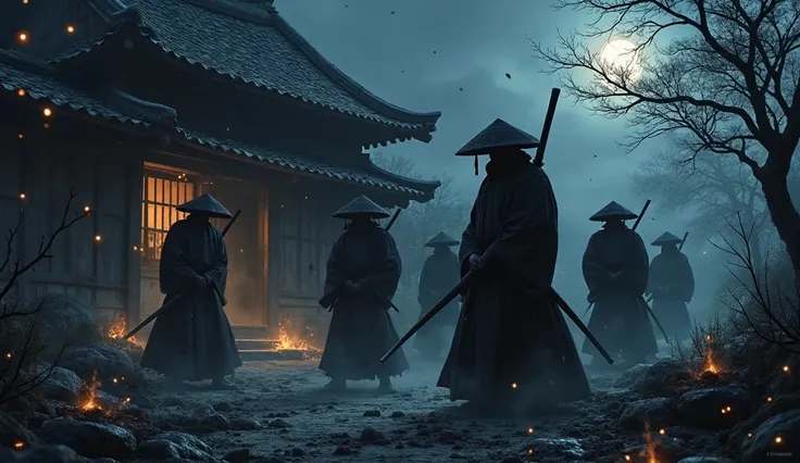 close up close of several black samurai with black hats from the shadows old medieval Japanese house black black during the night everything dark black,  dark matter , meteors, fragments of chaos , Black flames, Medieval war scenario and create a scenario