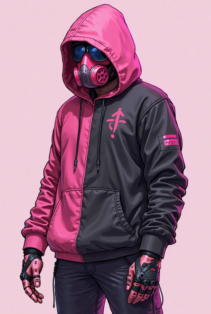 He is posing as a person、pink and black hoodie、cyber character atmosphere、like a prosthetic hand or robot、Robot part々Is pink、pink gas mask、simple background illustration, standing up picture,  male、 illustration high resolution , masterpiece, I want to inc...