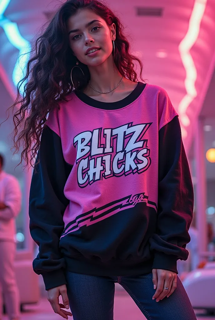 sweater with the name in the middle that says Blitz Chicks in small size with pink colors, black and a little bit of lilac and that has a lightning design 
