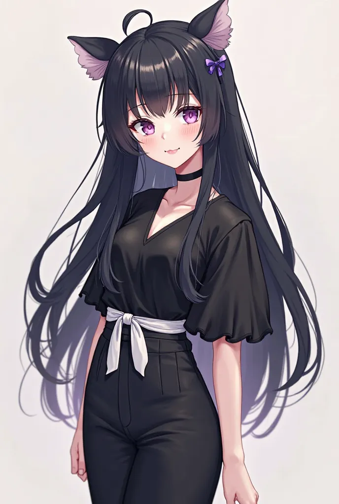 A female anime, fair skin, purple eyes, black hair with two little bows on the small sides, a little wide black pants, a black buso with a white ribbon in the middle. 