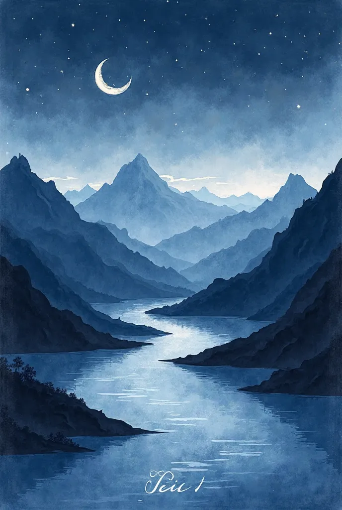 white background, scenery, watercolor, ink, flat mountains, river, moon, star, tranquil night,