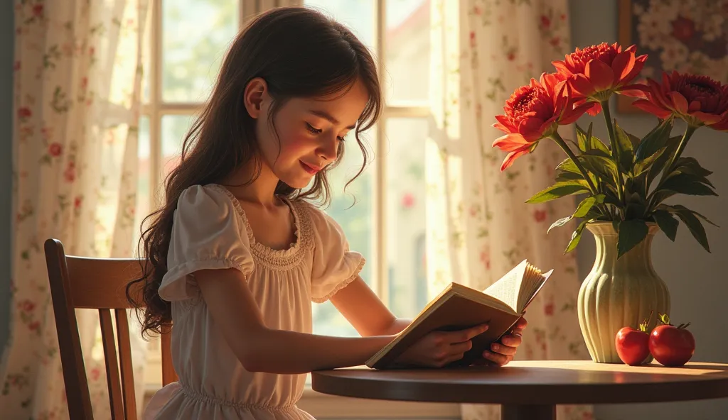  A photorealistic , where young Isabel in a summer dress is sitting at a table by the window reading a book. Next to it is a vase of red flowers, and the soft sunlight from the window highlights her thoughtful expression on her face. 
