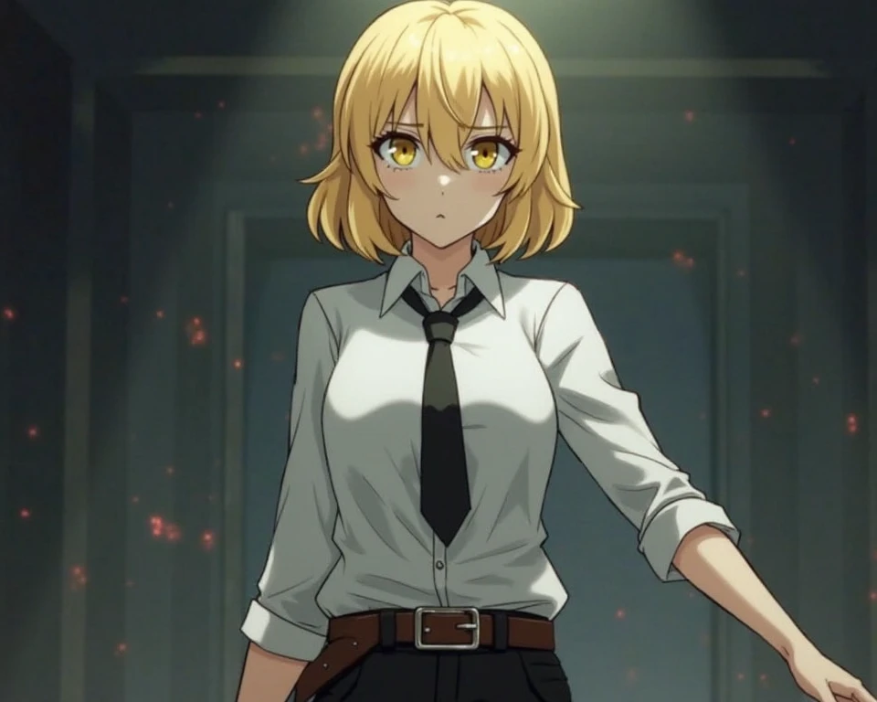 Her character has blonde hair, bob and yellow eyes, wears a formal white shirt with a black tie and black pants, making it look clean and sharp. In addition, there is a brown belt around the waist ready, which conveys a detective or explorer theme, the exp...