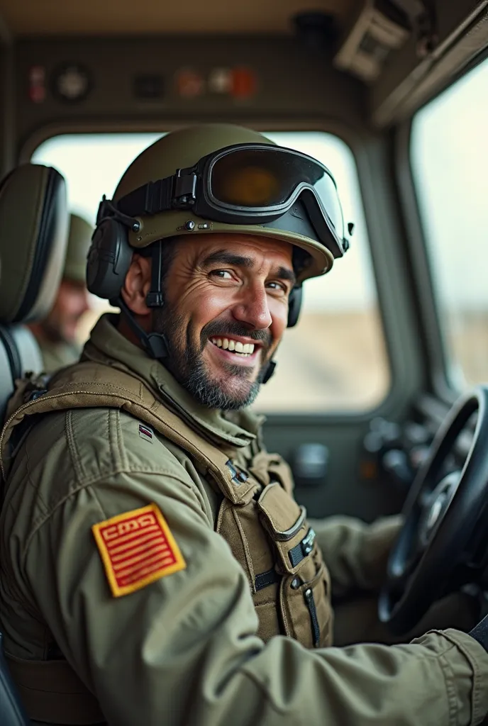 Israeli man, modern combat helmet typical of the Israeli army, modern combat uniform typical of the Israeli army, bulletproof vest typical of the Israeli army, pose sitting in the cockpit of a typical Israeli army combat vehicle, driving a typical Israeli ...