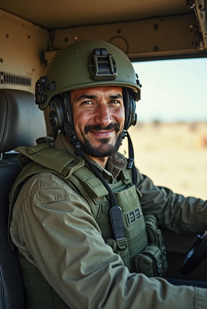 Israeli man, modern combat helmet typical of the Israeli army, modern combat uniform typical of the Israeli army, bulletproof vest typical of the Israeli army, pose sitting in the cockpit of a typical Israeli army combat vehicle, driving a typical Israeli ...