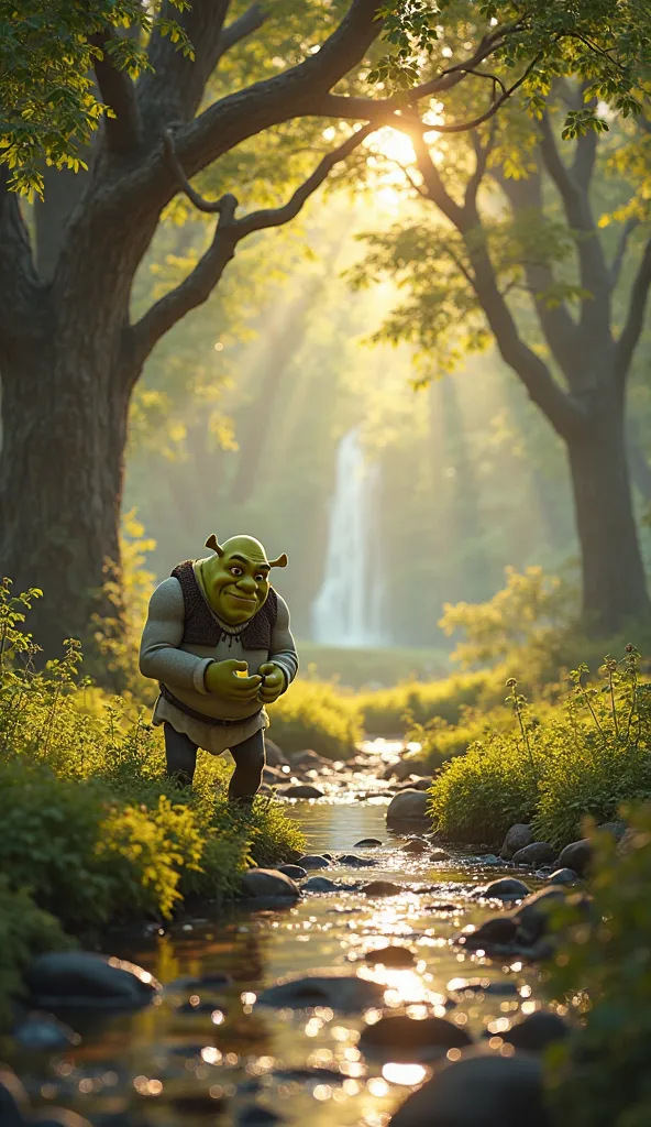 Photorealistic image of Shrek, walking along a picturesque forest path. Tall trees with thick crowns provide shade, but golden sun rays break through them. Birds singing around, You can hear the sound of a distant waterfall. Shrek stands by a small crystal...