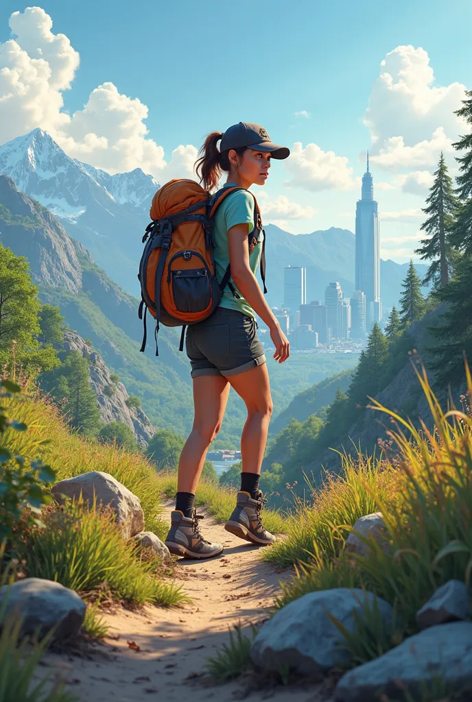 a girl in hiking and the side view is city, landscape picture