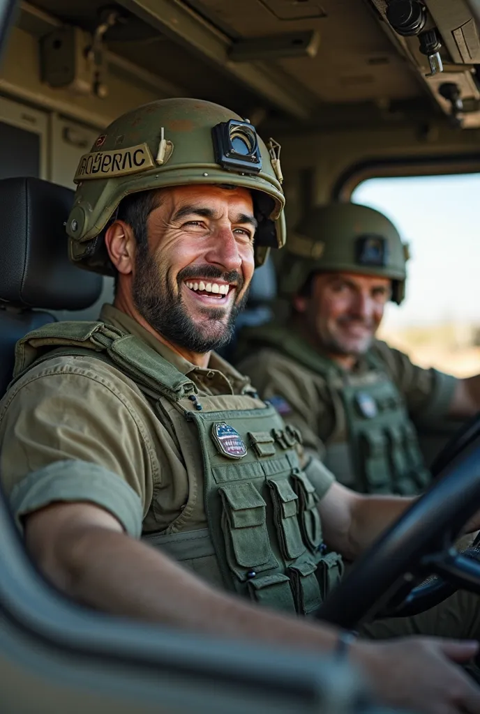 Israeli man, modern combat helmet typical of the Israeli army, modern combat uniform typical of the Israeli army, bulletproof vest typical of the Israeli army, pose sitting in the cockpit of a typical Israeli army combat vehicle, driving a typical Israeli ...