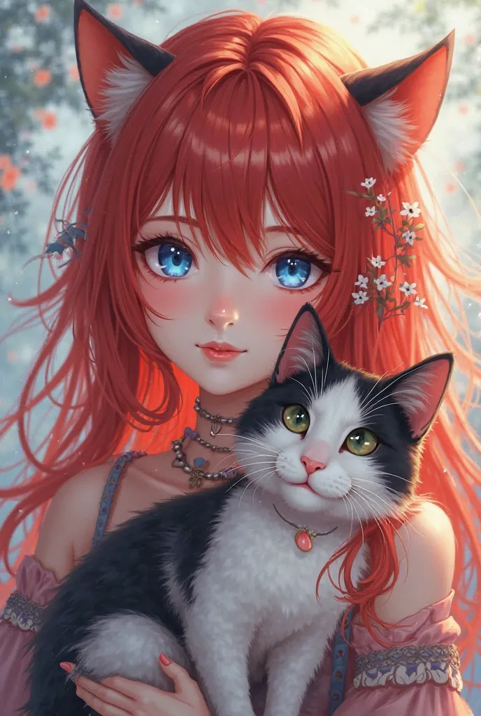 Anime girl with red hair, blue eyes and a black and white cat