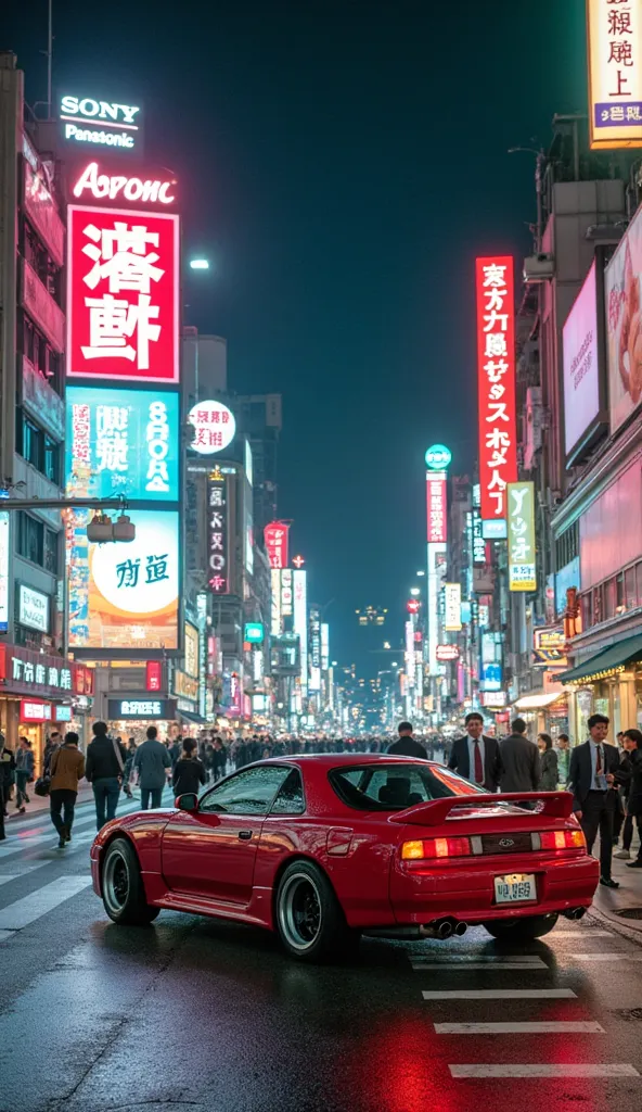 "You stand in the middle of a neon-lit street in Shinjuku, Tokyo, in the 1980s. The city pulses with electric energy—massive glowing billboards advertising Sony, Panasonic, and Asahi beer tower above you, their bright lights reflecting on the wet pavement....