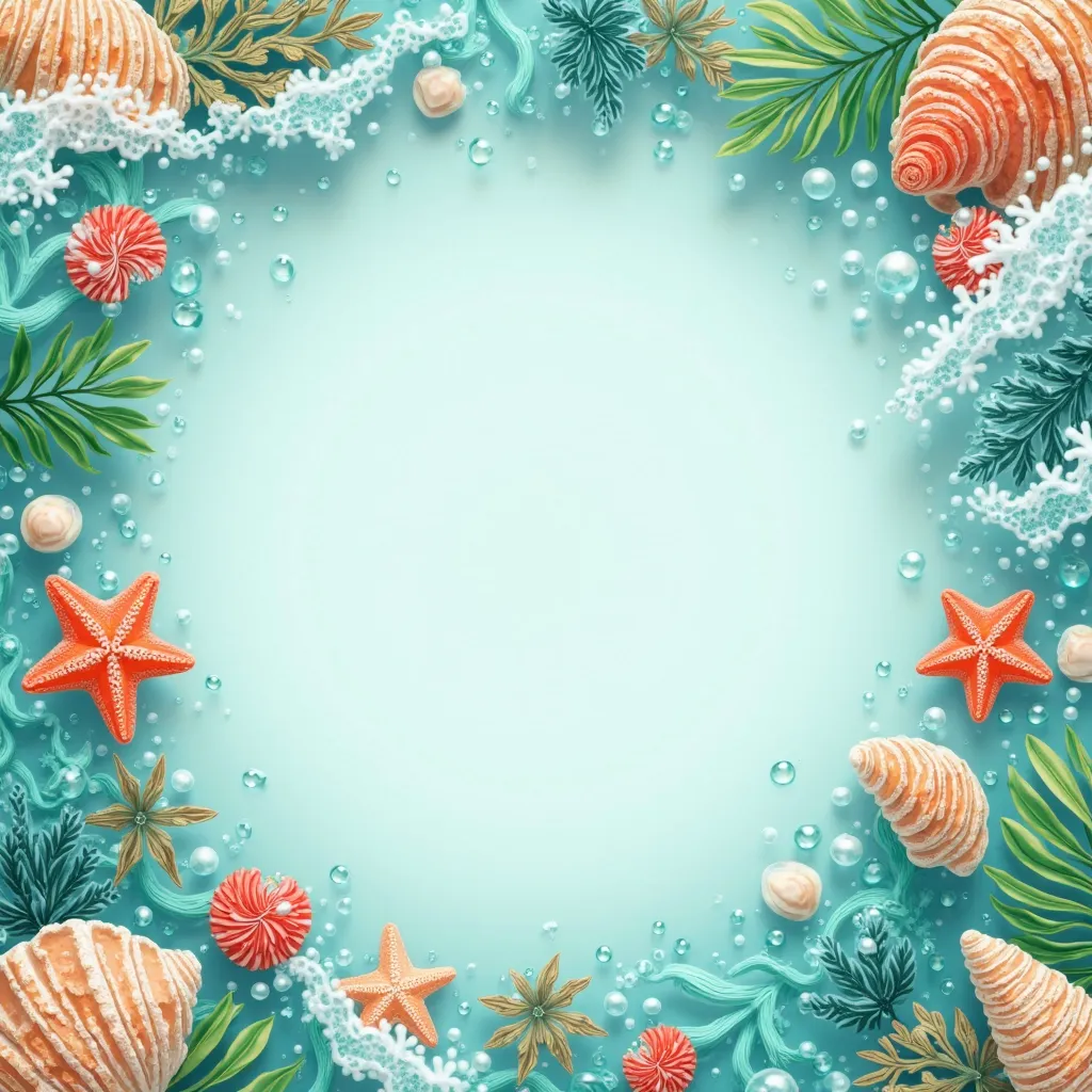 A vibrant, summery aquatic background with marine motifs radiating outward from the center, creating a dynamic and fresh feel. The elements should include soft waves, bubbles, and details like shells, corals, and starfish, all shooting out in every directi...