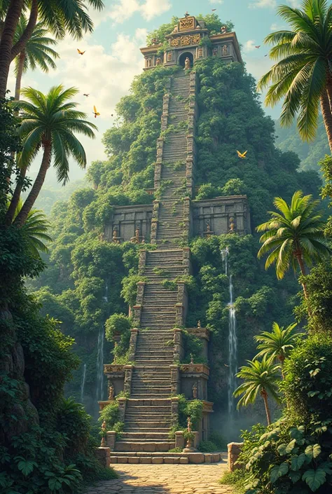 Design a magnificent Aztec temple covered by lush tropical vegetation. Stone staircases lined with waterfalls lead to the top of the structure, where statues of Aztec deities are positioned. Colorful birds fly among the trees, and rays of sunshine cross th...