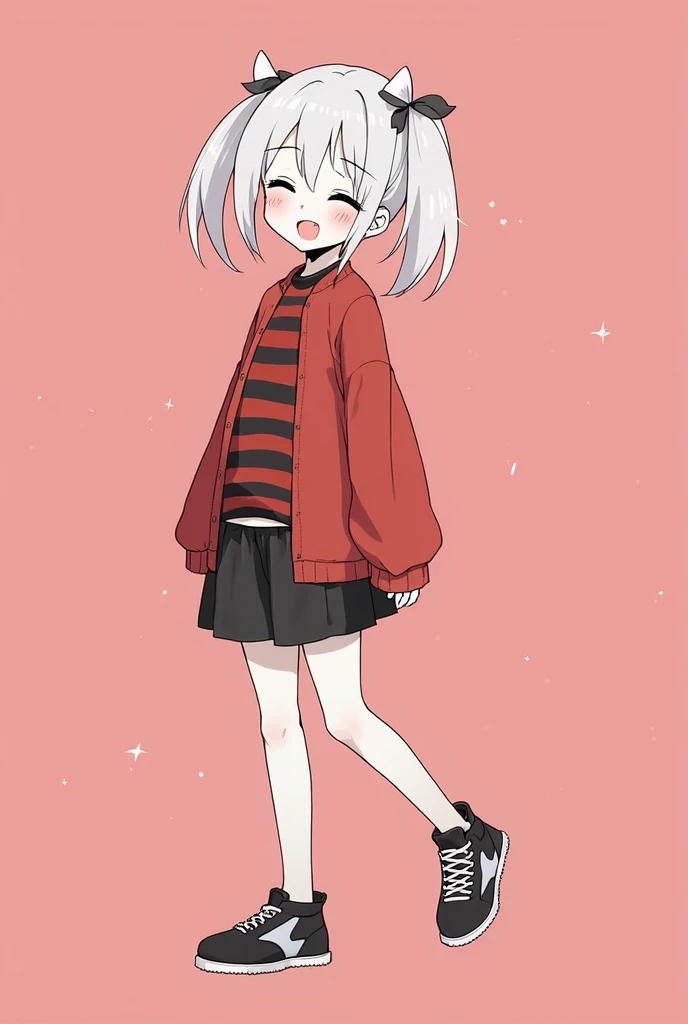 Female anime with white skin with a long sleeve red shirt and black and red striped t-shirts with black sneakers and two chunks of hair with white ribbon smiling and eyes closed and blushing with a pastel red background for a profile photo 