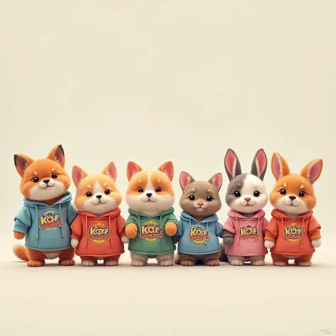 Assorted groups of cute animals line up wearing branded clothes "KOF"